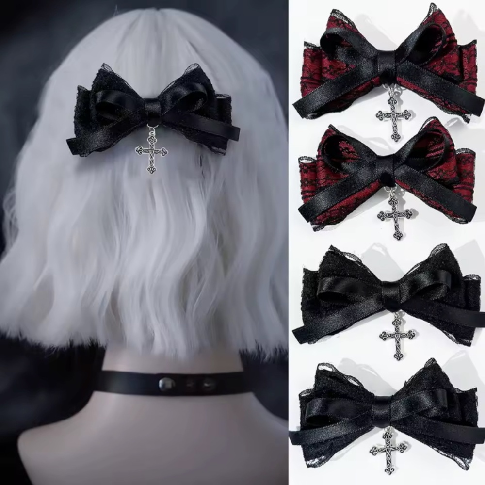 2pcs Punk Gothic Black Bow Cross Witch Pagan Vintage Halloween Wendsday's Clip